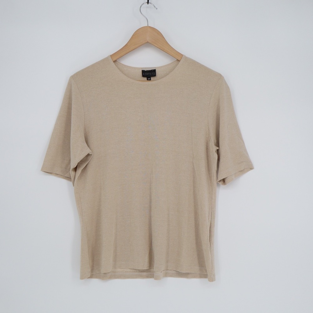 Staples T Shirt Women Medium Champagne Viscose Stretch Metallic Shimmer Knit Top